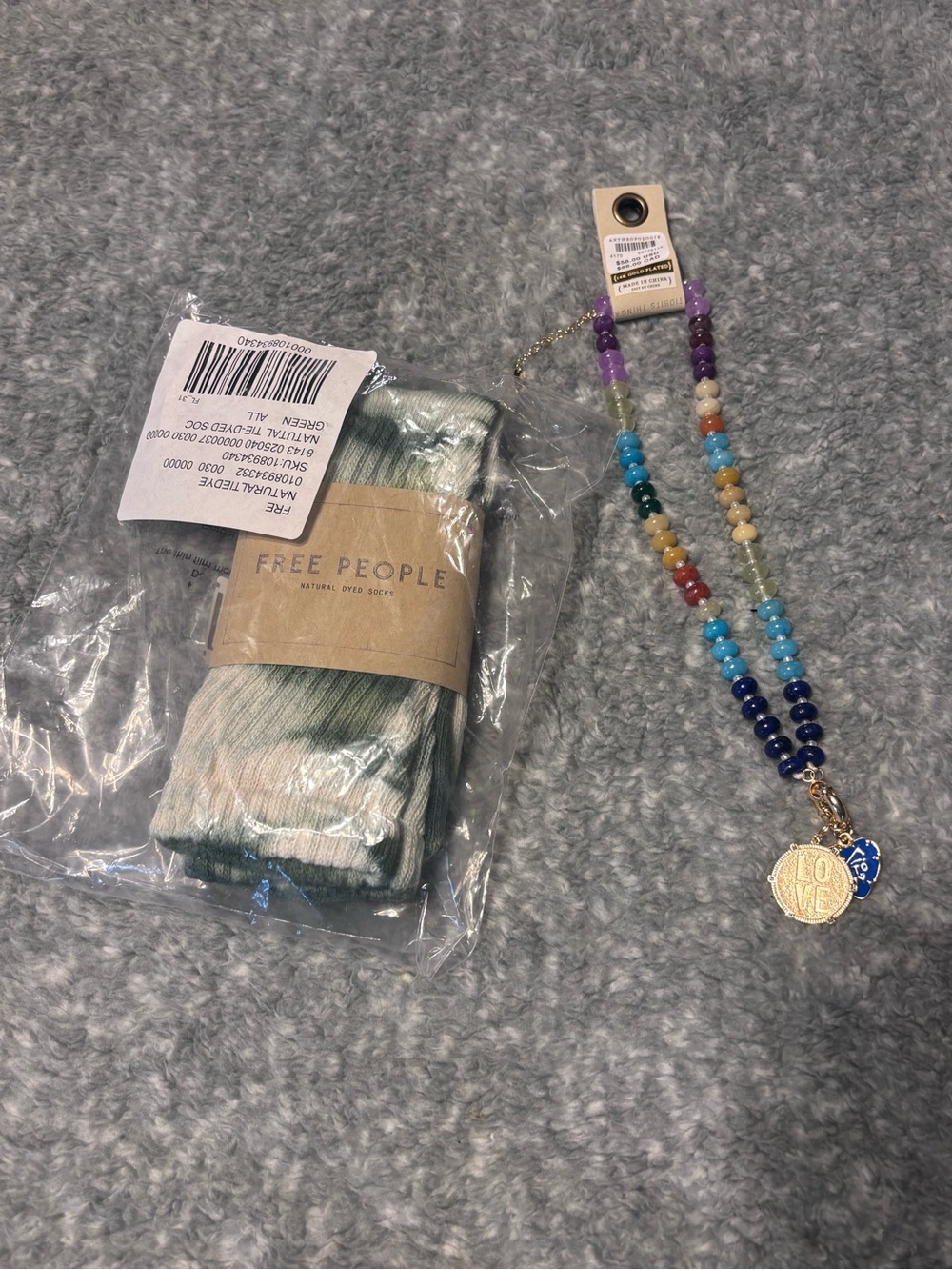 Beautiful Anthropologie beaded necklace w/ hand dyed FP Green Ribbed Socks